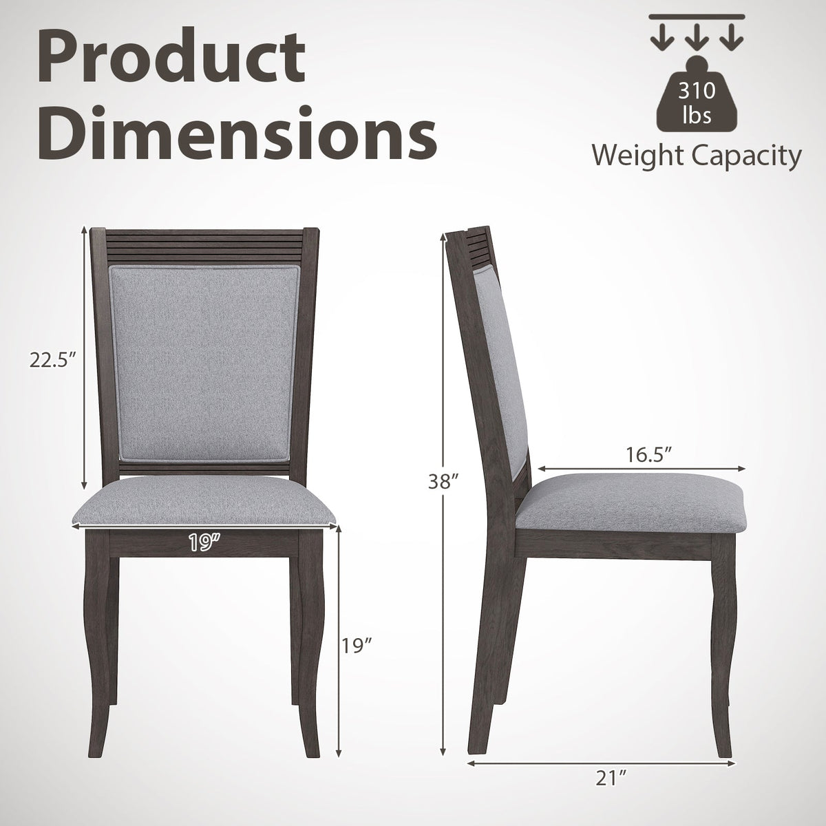 Wood Dining Chairs Set of 2 with Rubber Wood Frame and Padded Seat-Brown