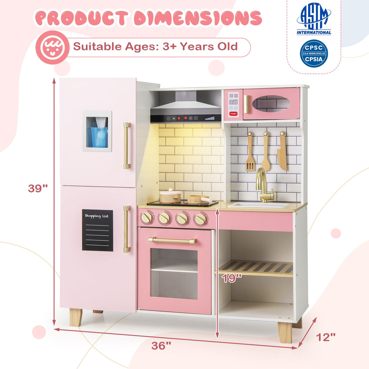 Wooden Pretend Play Kitchen with Ice Maker Range Hood and Blackboard-Pink
