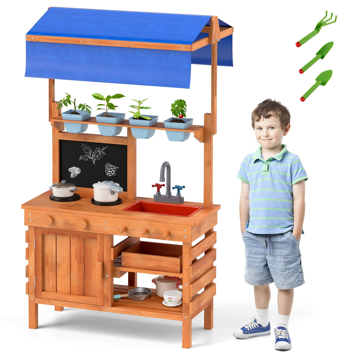 Wooden Pretend Play Kitchen with Height Adjustable Canopy for Kids-Natural